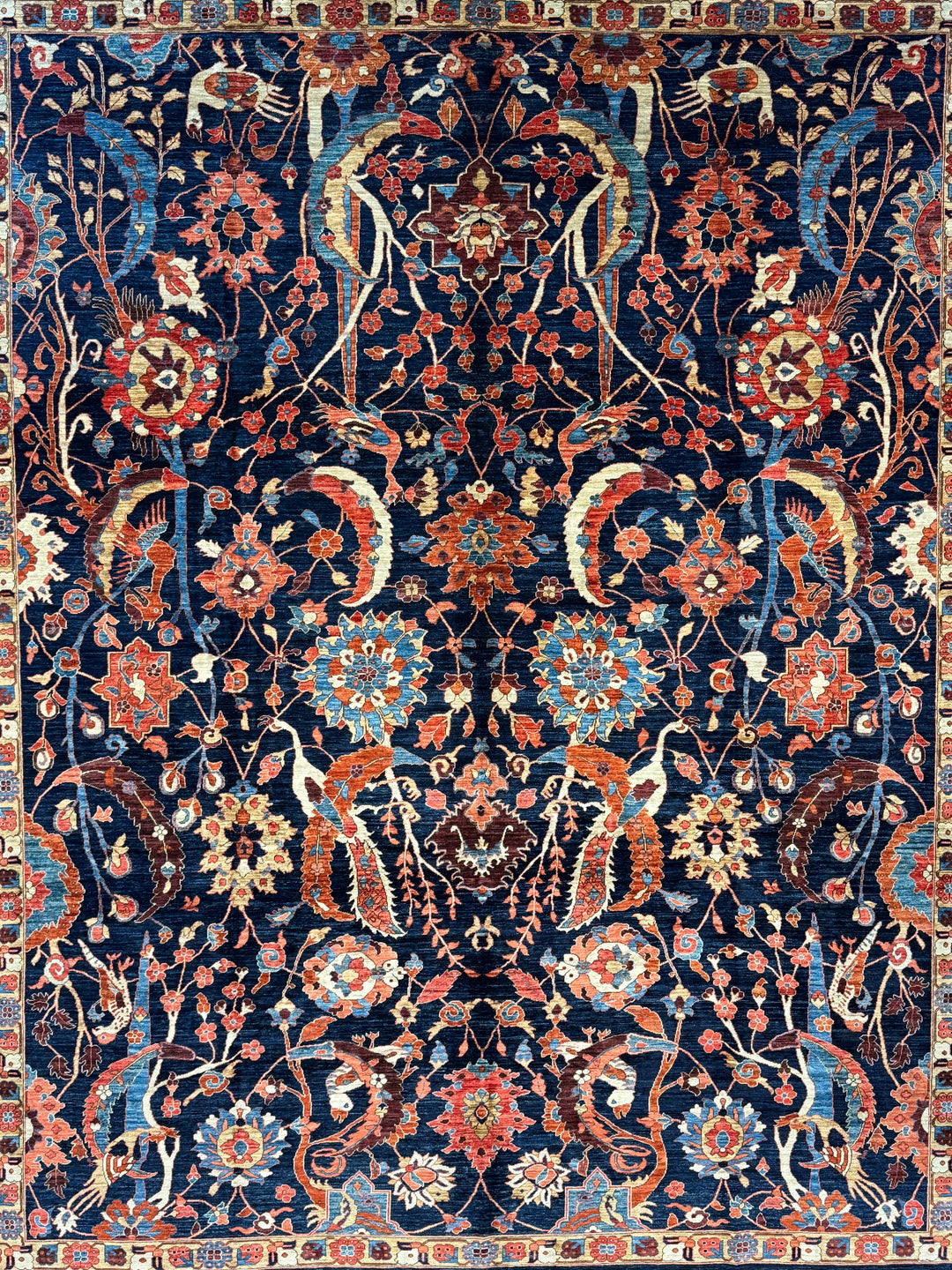 Deep Navy, Rust &amp; Blue Botanical Wool Rug with Birds – 9.0’ x 11.6’