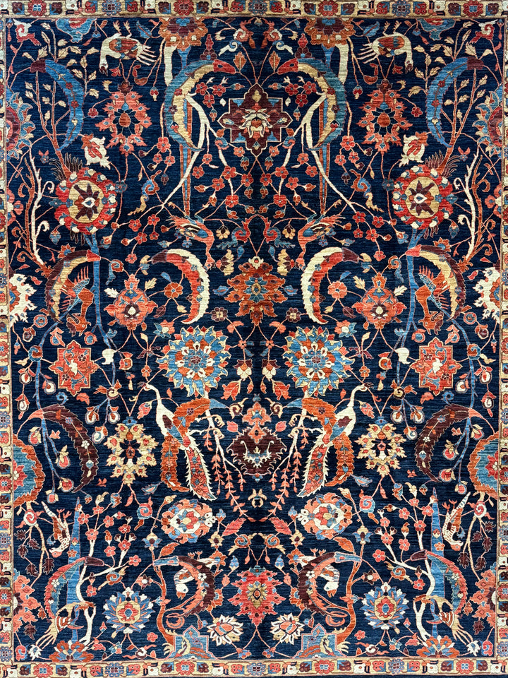 Deep Navy, Rust &amp; Blue Botanical Wool Rug with Birds – 9.0’ x 11.6’