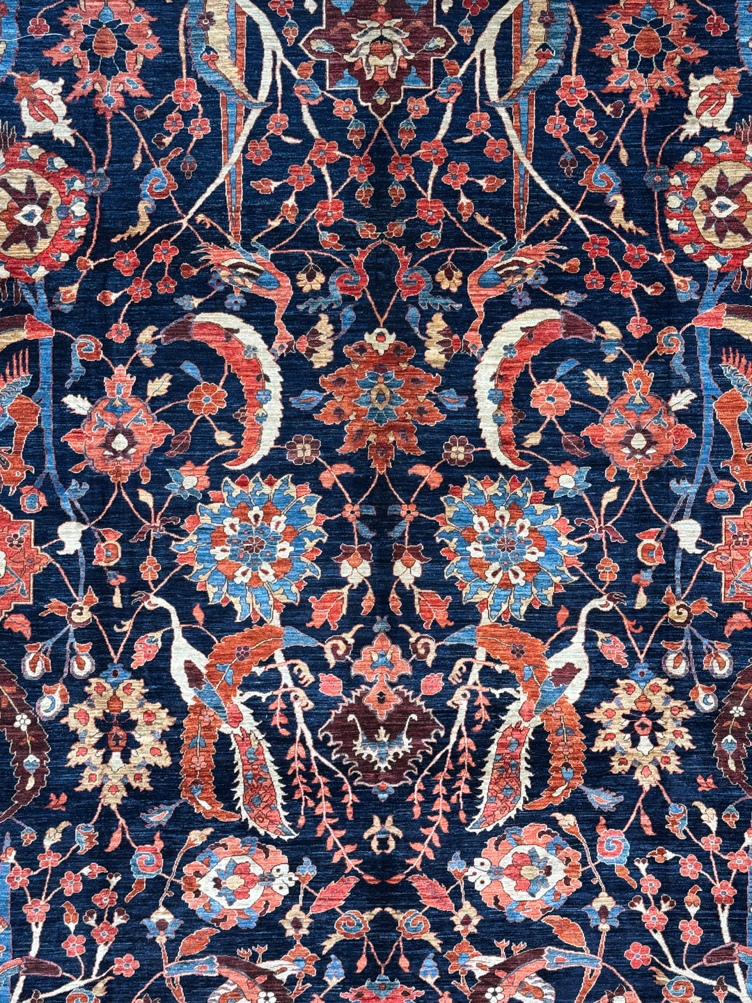 Deep Navy, Rust &amp; Blue Botanical Wool Rug with Birds – 9.0’ x 11.6’