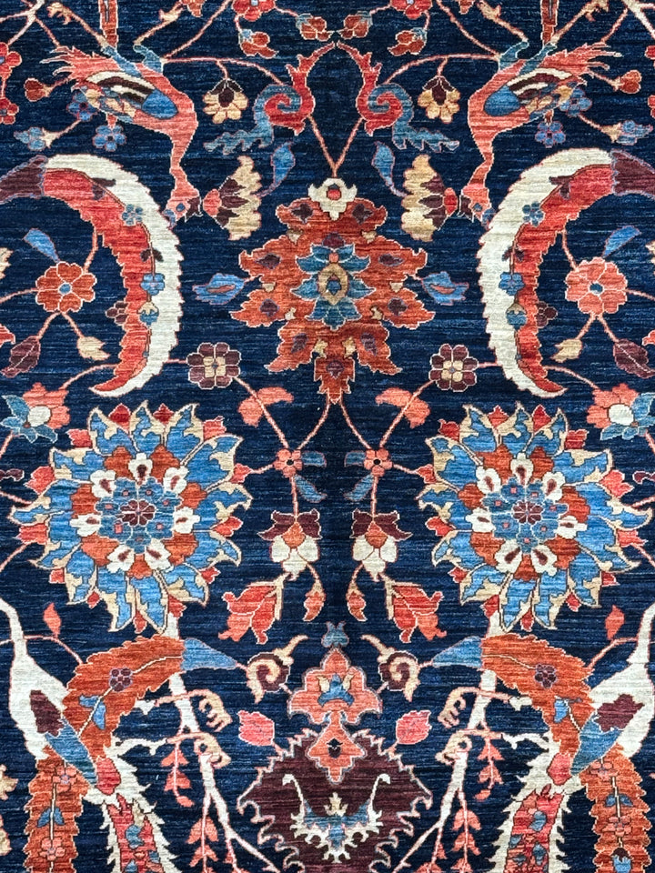 Deep Navy, Rust &amp; Blue Botanical Wool Rug with Birds – 9.0’ x 11.6’