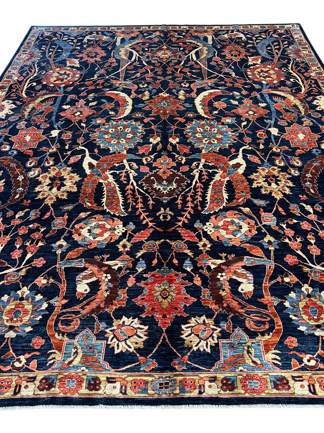 Deep Navy, Rust &amp; Blue Botanical Wool Rug with Birds – 9.0’ x 11.6’