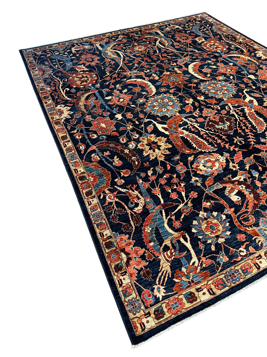 Deep Navy, Rust &amp; Blue Botanical Wool Rug with Birds – 9.0’ x 11.6’