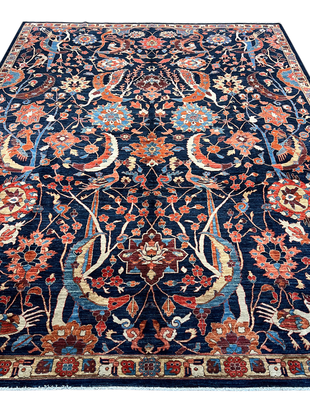 Deep Navy, Rust &amp; Blue Botanical Wool Rug with Birds – 9.0’ x 11.6’