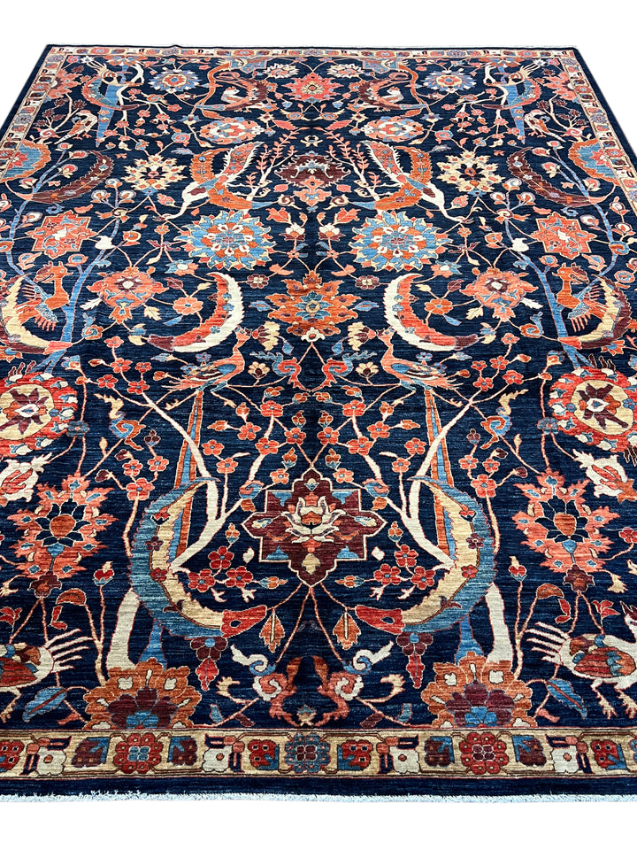 Deep Navy, Rust &amp; Blue Botanical Wool Rug with Birds – 9.0’ x 11.6’