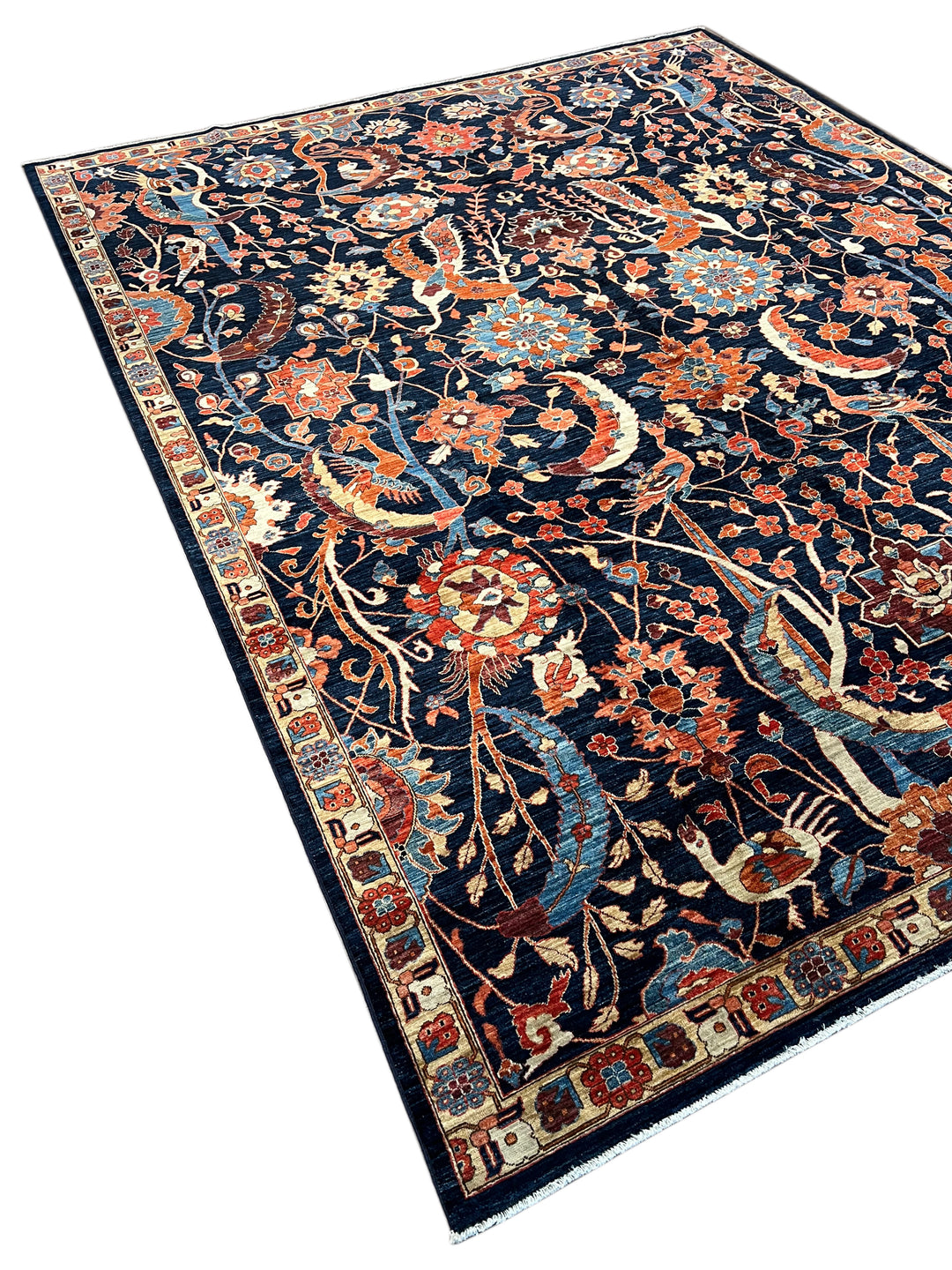 Deep Navy, Rust &amp; Blue Botanical Wool Rug with Birds – 9.0’ x 11.6’