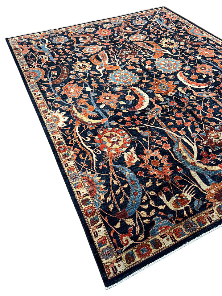 Deep Navy, Rust &amp; Blue Botanical Wool Rug with Birds – 9.0’ x 11.6’
