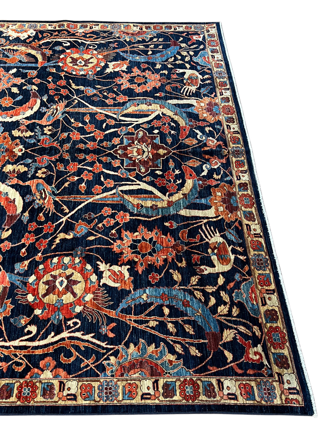 Deep Navy, Rust &amp; Blue Botanical Wool Rug with Birds – 9.0’ x 11.6’