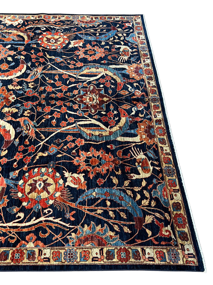 Deep Navy, Rust &amp; Blue Botanical Wool Rug with Birds – 9.0’ x 11.6’