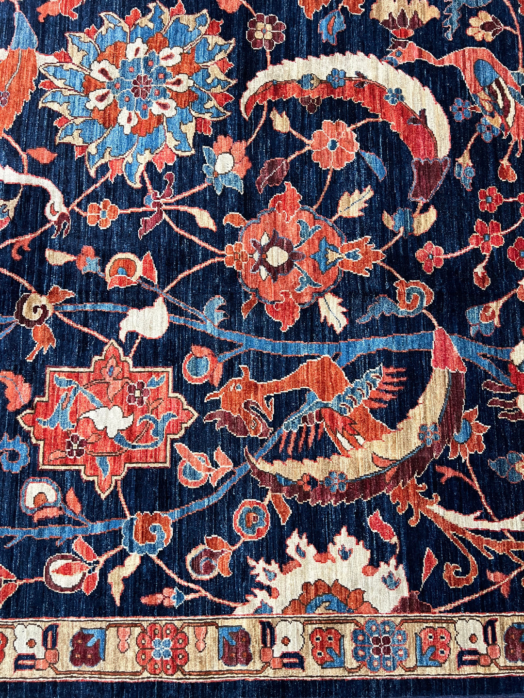 Deep Navy, Rust &amp; Blue Botanical Wool Rug with Birds – 9.0’ x 11.6’