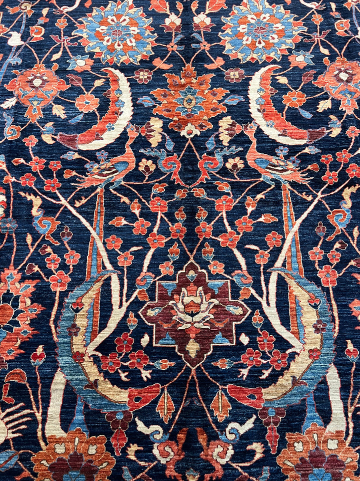 Deep Navy, Rust &amp; Blue Botanical Wool Rug with Birds – 9.0’ x 11.6’
