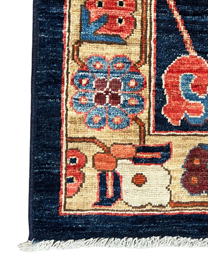 Deep Navy, Rust &amp; Blue Botanical Wool Rug with Birds – 9.0’ x 11.6’