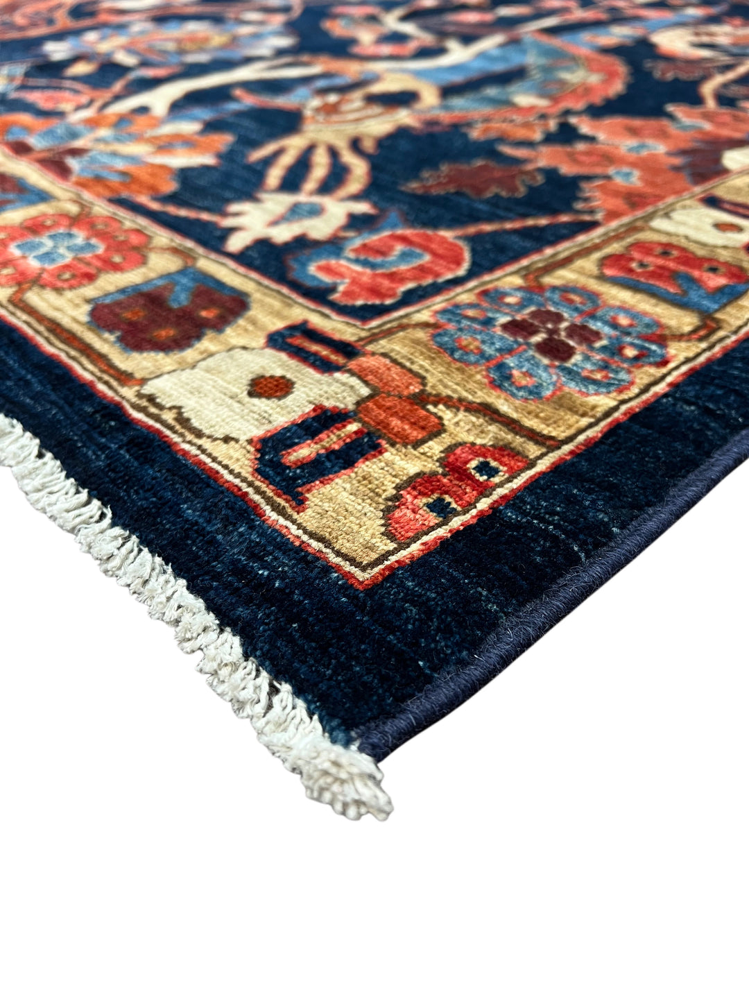Deep Navy, Rust &amp; Blue Botanical Wool Rug with Birds – 9.0’ x 11.6’