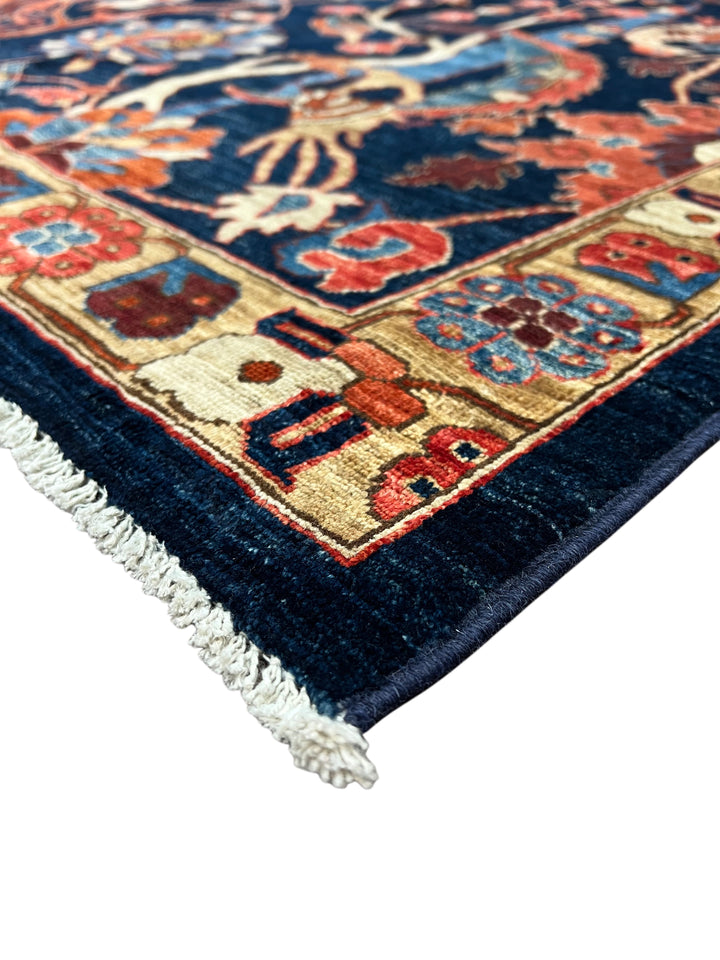 Deep Navy, Rust &amp; Blue Botanical Wool Rug with Birds – 9.0’ x 11.6’