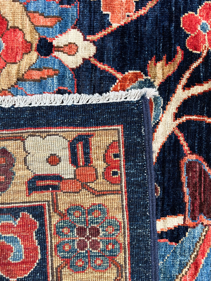 Deep Navy, Rust &amp; Blue Botanical Wool Rug with Birds – 9.0’ x 11.6’