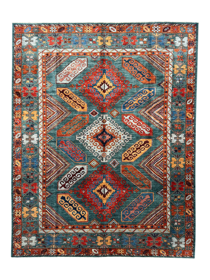 Teal, Rust &amp; Gold Geometric Medallion Wool Rug – 9.0’ x 11.5’