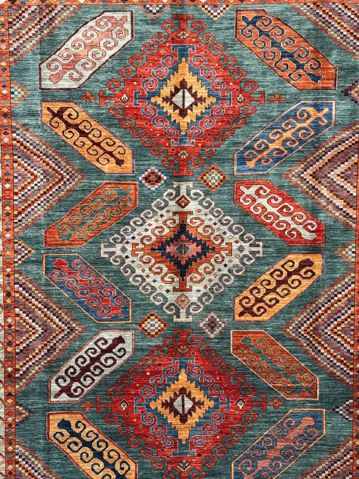 Teal, Rust &amp; Gold Geometric Medallion Wool Rug – 9.0’ x 11.5’