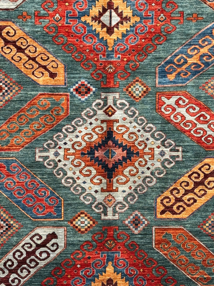Teal, Rust &amp; Gold Geometric Medallion Wool Rug – 9.0’ x 11.5’