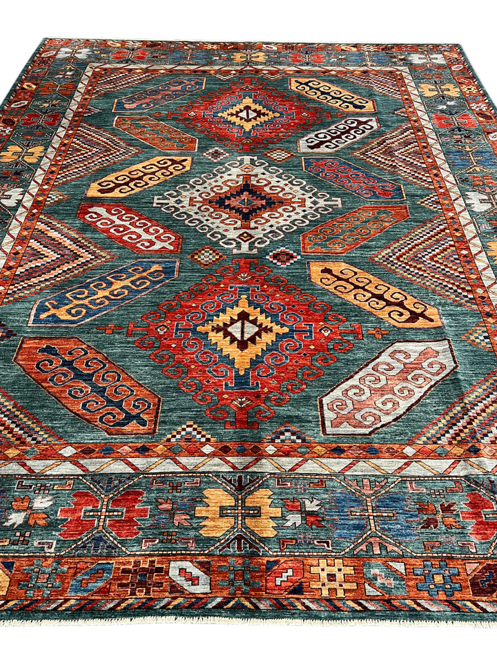 Teal, Rust &amp; Gold Geometric Medallion Wool Rug – 9.0’ x 11.5’