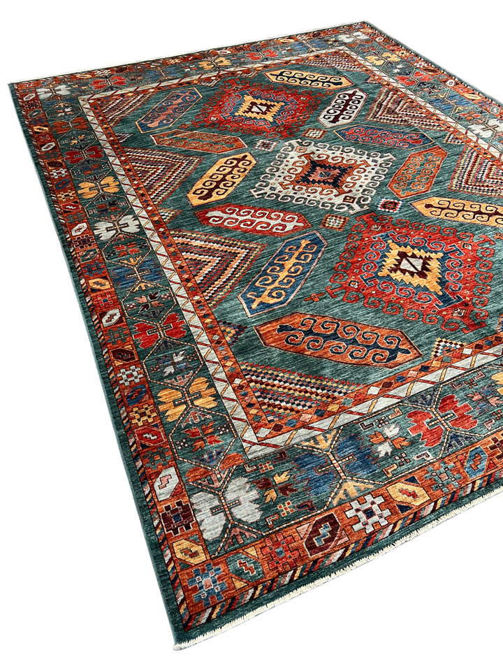 Teal, Rust &amp; Gold Geometric Medallion Wool Rug – 9.0’ x 11.5’
