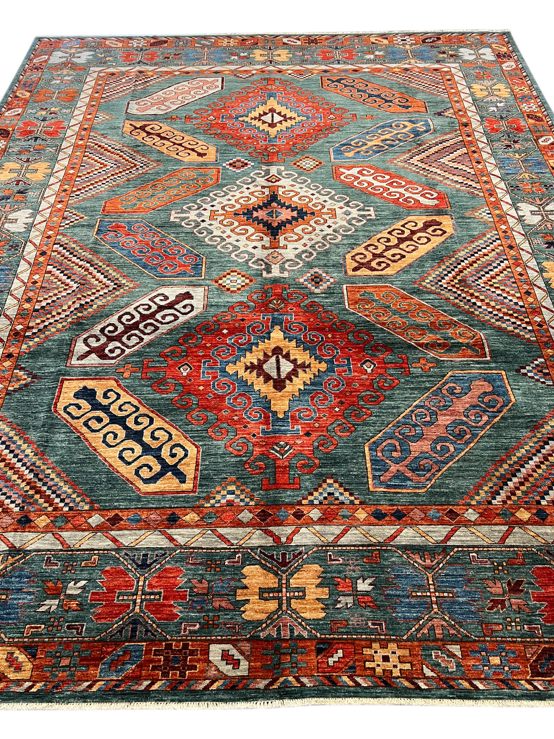 Teal, Rust &amp; Gold Geometric Medallion Wool Rug – 9.0’ x 11.5’