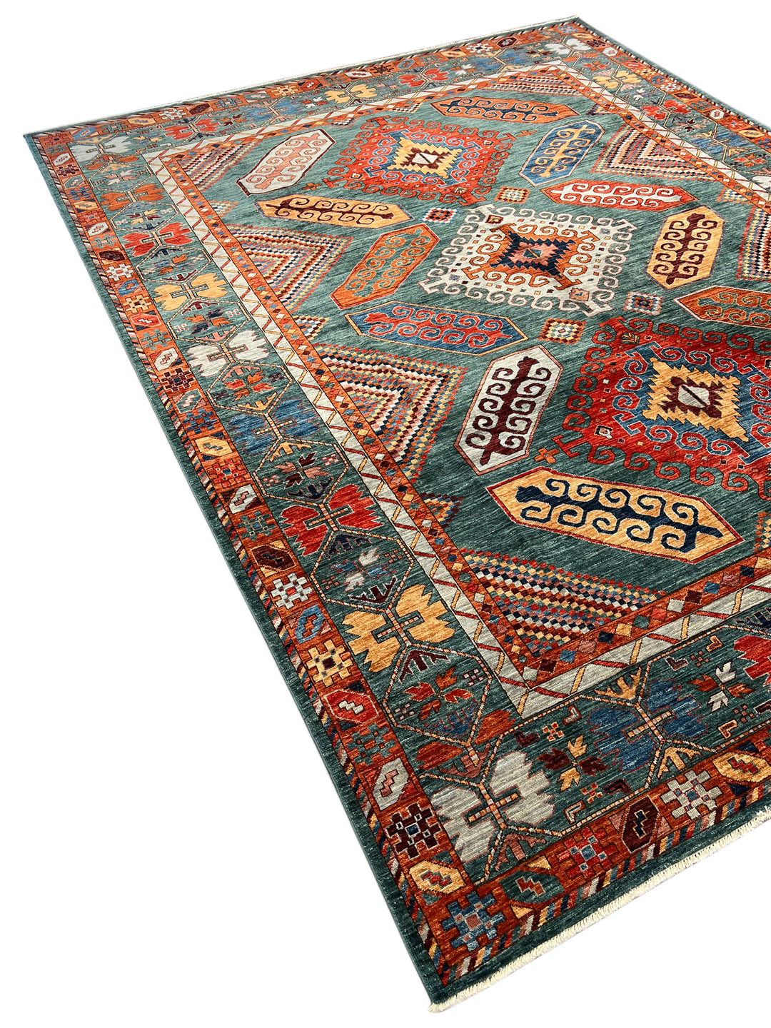 Teal, Rust &amp; Gold Geometric Medallion Wool Rug – 9.0’ x 11.5’