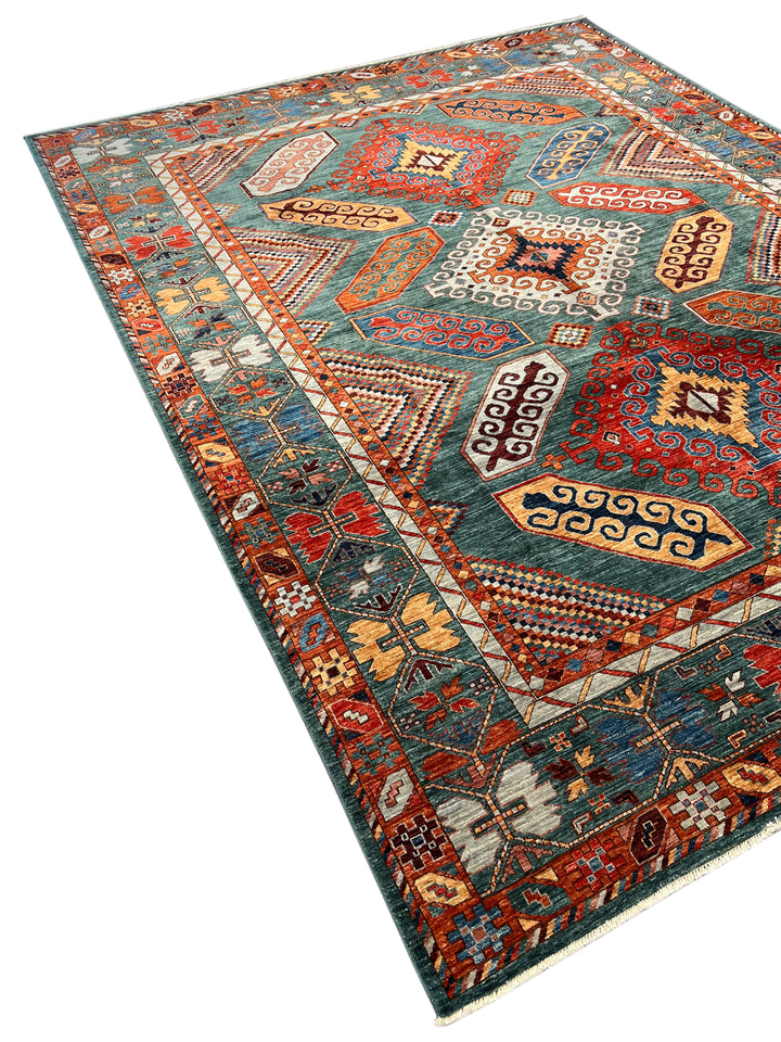 Teal, Rust &amp; Gold Geometric Medallion Wool Rug – 9.0’ x 11.5’