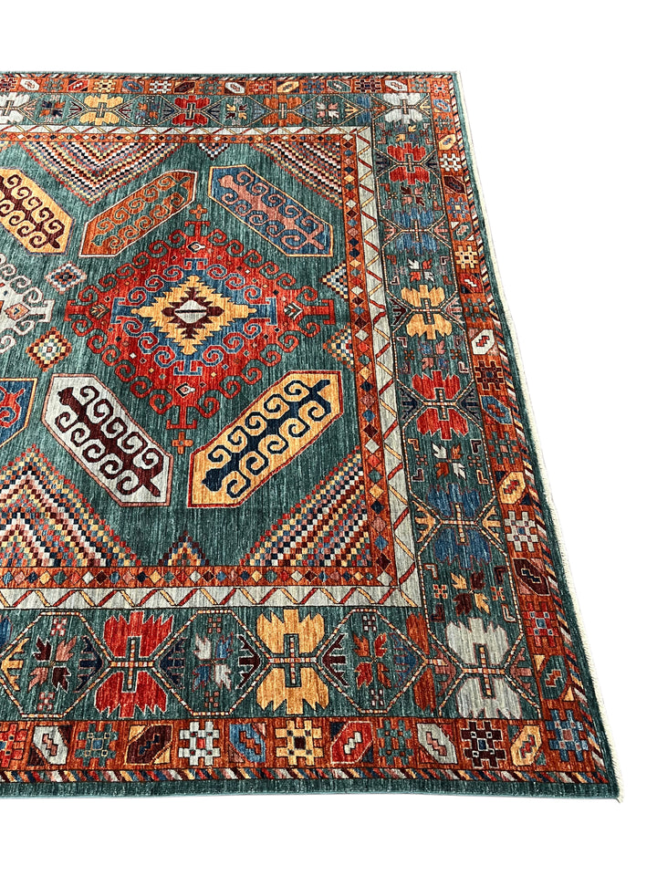 Teal, Rust &amp; Gold Geometric Medallion Wool Rug – 9.0’ x 11.5’
