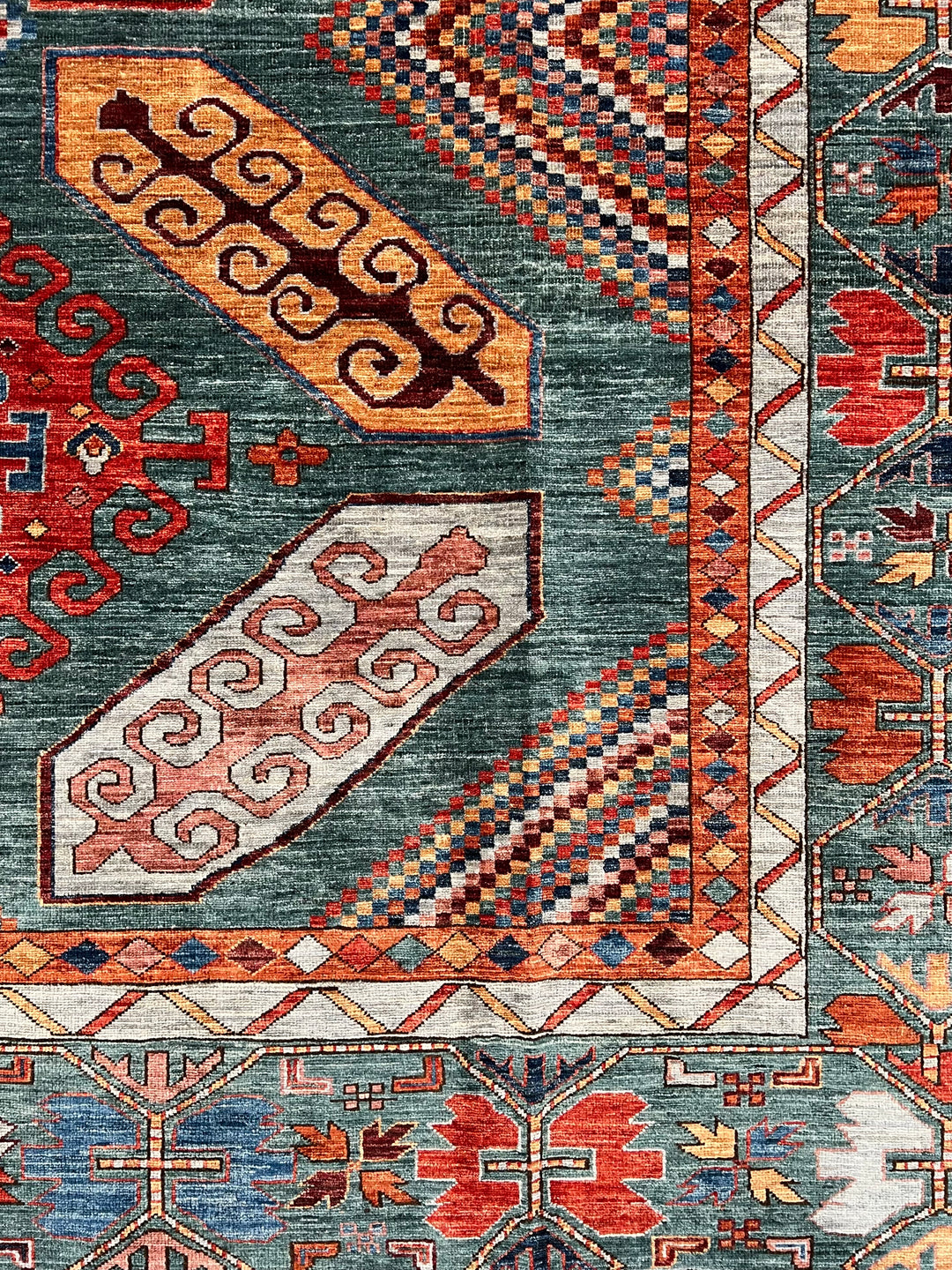 Teal, Rust &amp; Gold Geometric Medallion Wool Rug – 9.0’ x 11.5’