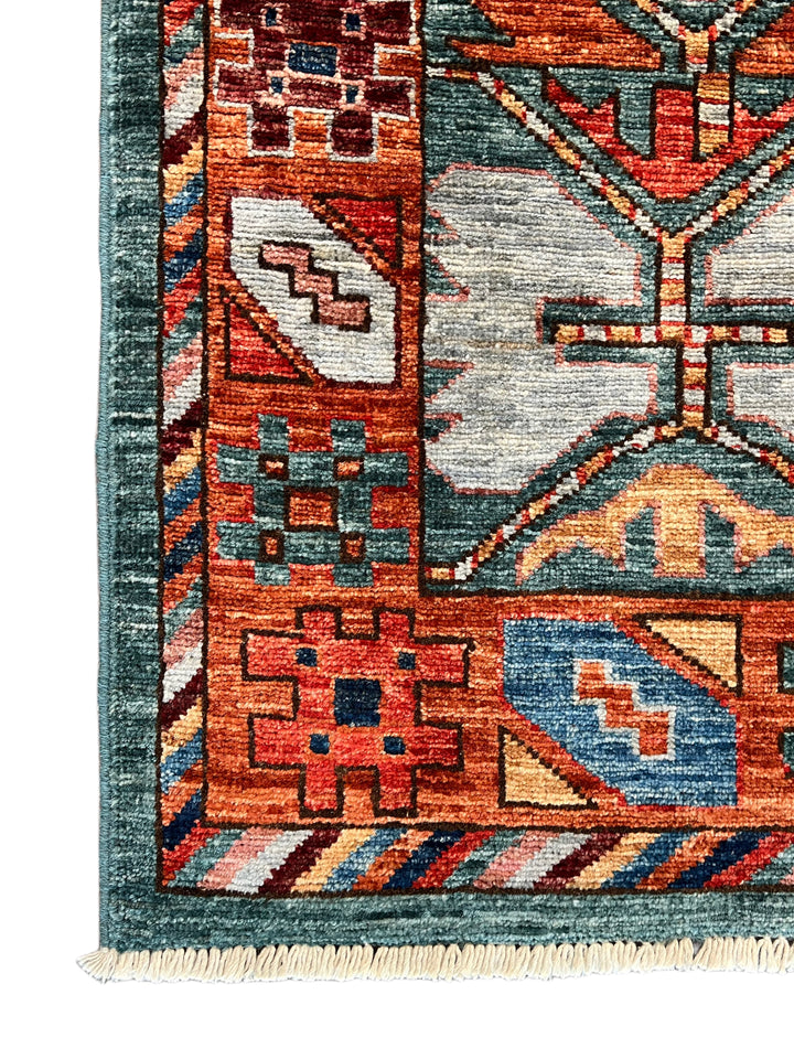 Teal, Rust &amp; Gold Geometric Medallion Wool Rug – 9.0’ x 11.5’