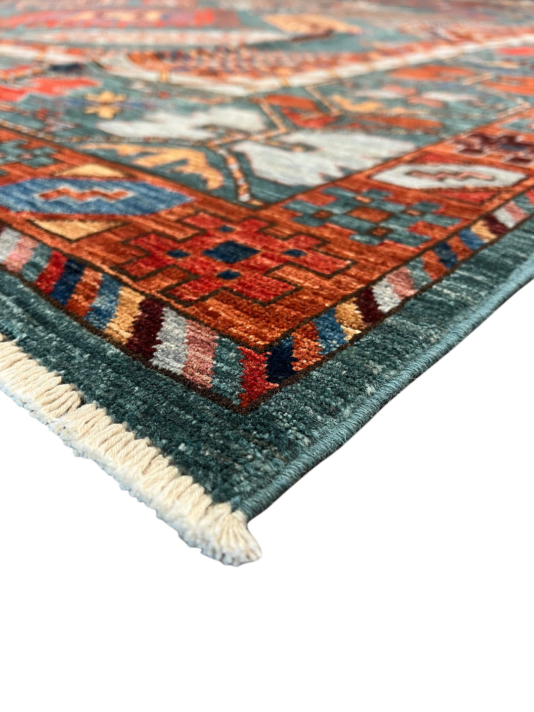 Teal, Rust &amp; Gold Geometric Medallion Wool Rug – 9.0’ x 11.5’