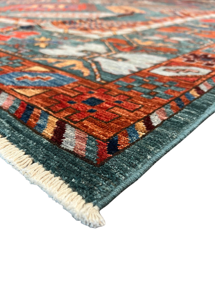 Teal, Rust &amp; Gold Geometric Medallion Wool Rug – 9.0’ x 11.5’