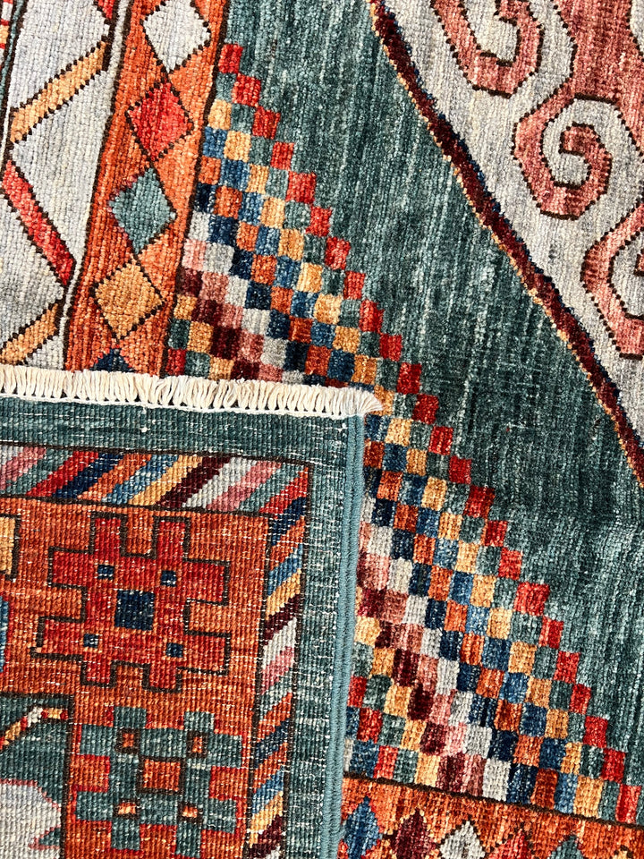 Teal, Rust &amp; Gold Geometric Medallion Wool Rug – 9.0’ x 11.5’