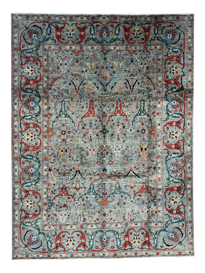 Soft Blue, Rust &amp; Ivory Floral Wool Rug – 8.10’ x 11.10’