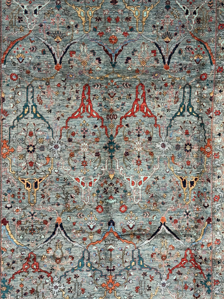 Soft Blue, Rust &amp; Ivory Floral Wool Rug – 8.10’ x 11.10’