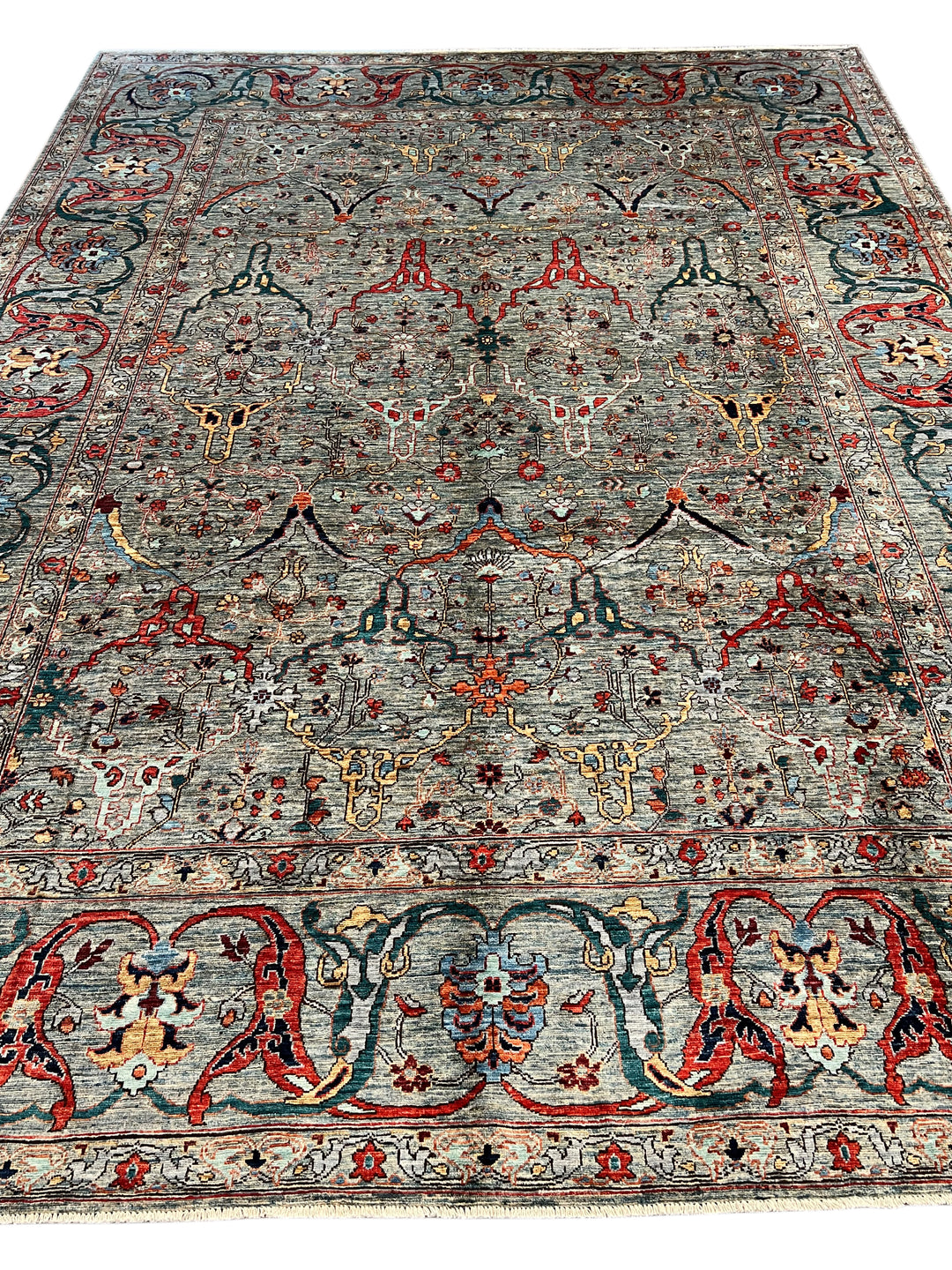 Soft Blue, Rust &amp; Ivory Floral Wool Rug – 8.10’ x 11.10’