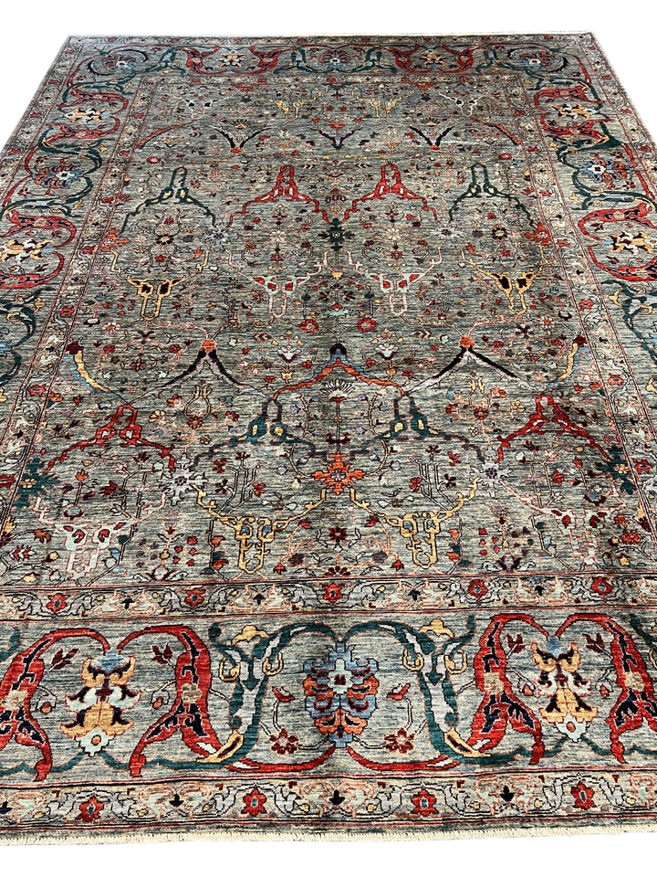 Soft Blue, Rust &amp; Ivory Floral Wool Rug – 8.10’ x 11.10’
