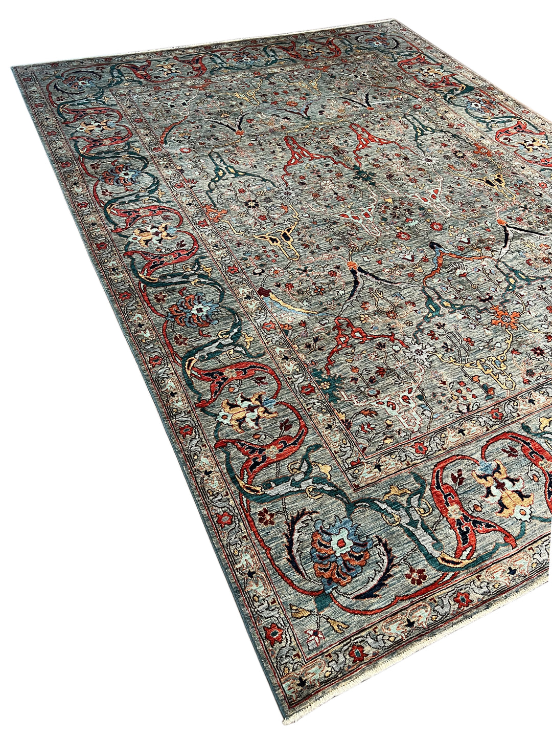 Soft Blue, Rust &amp; Ivory Floral Wool Rug – 8.10’ x 11.10’