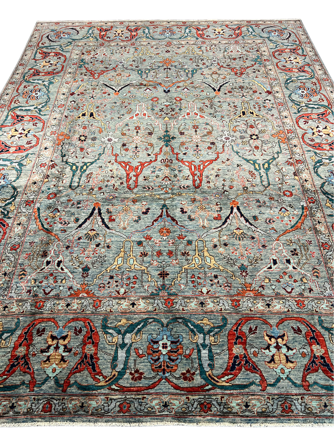 Soft Blue, Rust &amp; Ivory Floral Wool Rug – 8.10’ x 11.10’