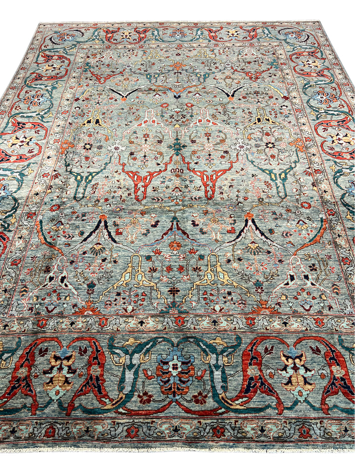 Soft Blue, Rust &amp; Ivory Floral Wool Rug – 8.10’ x 11.10’