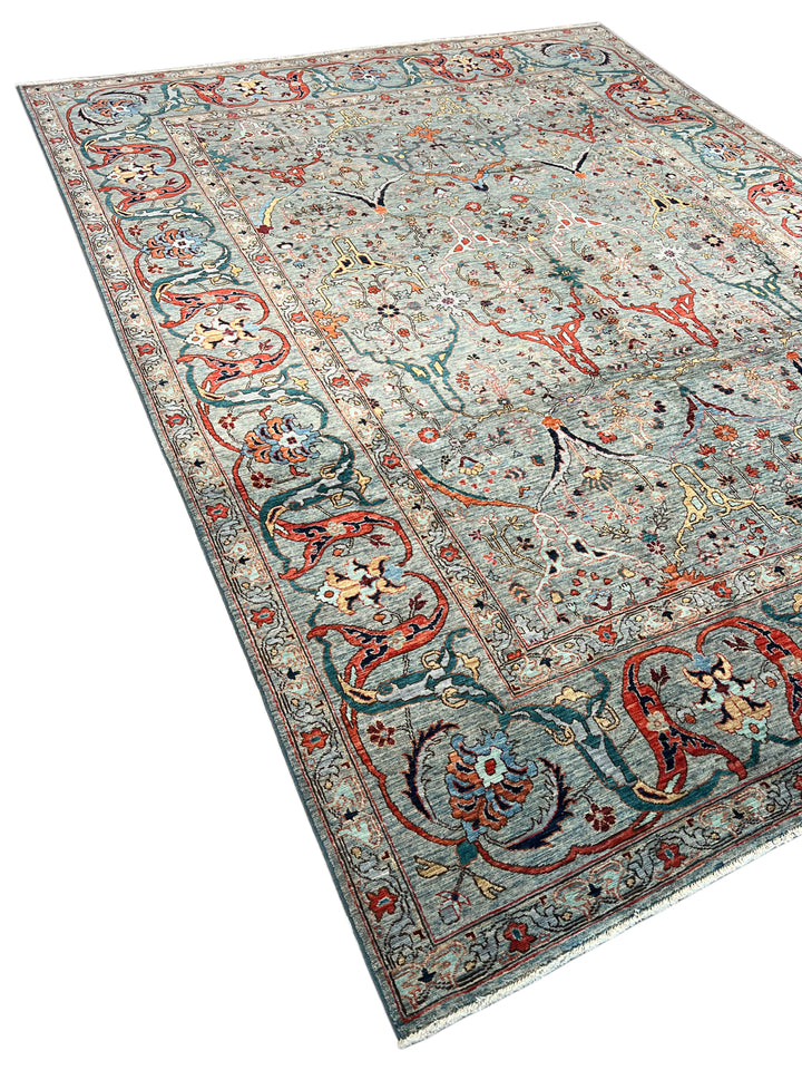 Soft Blue, Rust &amp; Ivory Floral Wool Rug – 8.10’ x 11.10’