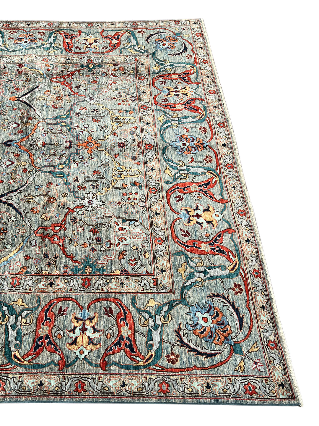 Soft Blue, Rust &amp; Ivory Floral Wool Rug – 8.10’ x 11.10’