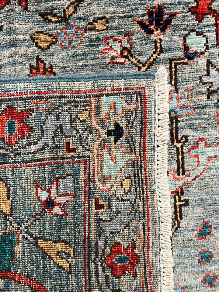Soft Blue, Rust &amp; Ivory Floral Wool Rug – 8.10’ x 11.10’