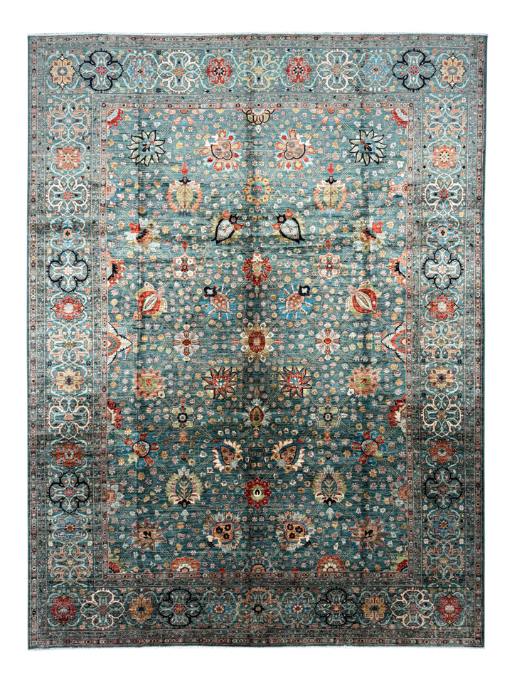 Teal, Aqua &amp; Rust Floral Wool Rug – 9.1’ x 12.3’