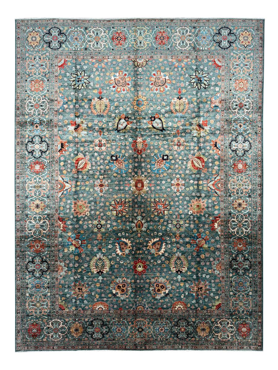 Teal, Aqua & Rust Floral Wool Rug – 9.1’ x 12.3’