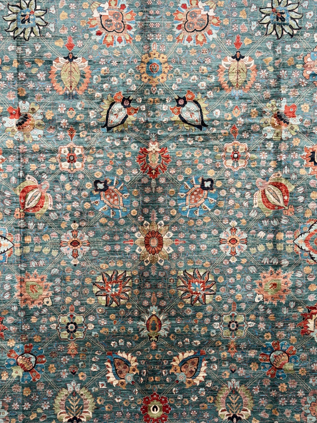 Teal, Aqua &amp; Rust Floral Wool Rug – 9.1’ x 12.3’