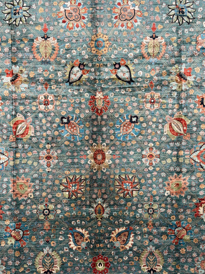 Teal, Aqua &amp; Rust Floral Wool Rug – 9.1’ x 12.3’