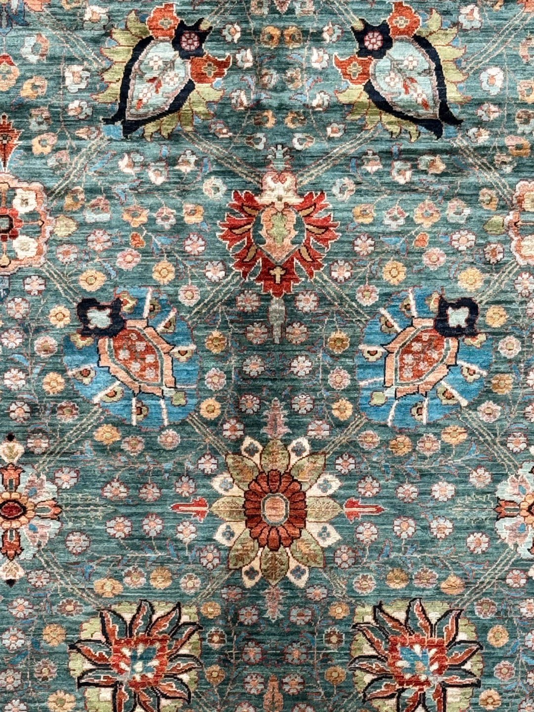 Teal, Aqua &amp; Rust Floral Wool Rug – 9.1’ x 12.3’