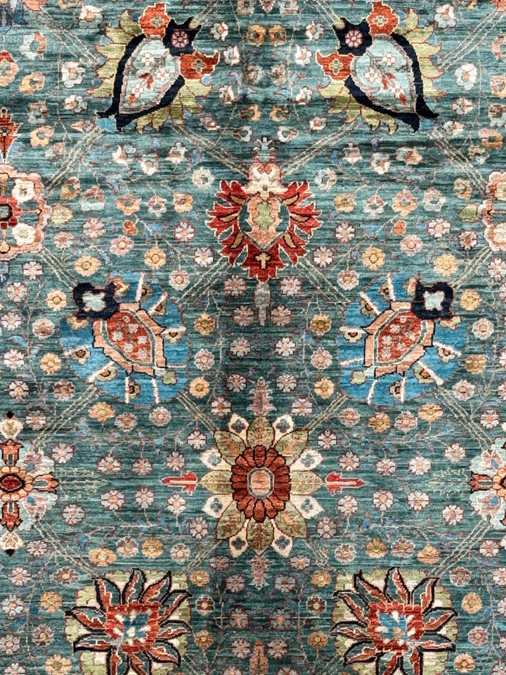 Teal, Aqua &amp; Rust Floral Wool Rug – 9.1’ x 12.3’