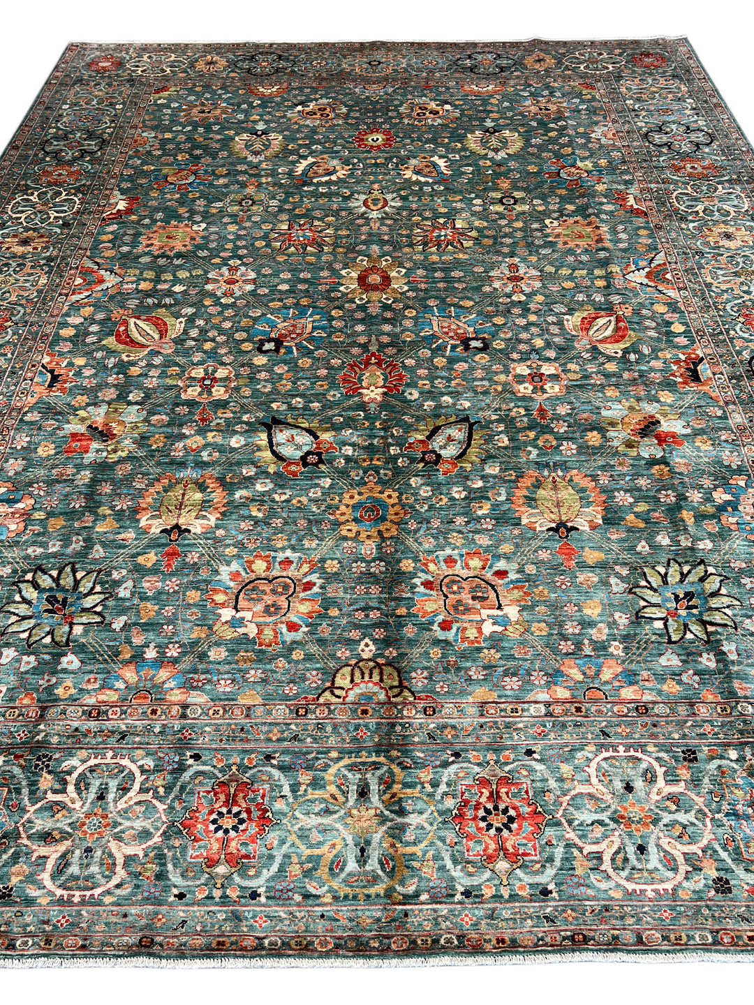 Teal, Aqua &amp; Rust Floral Wool Rug – 9.1’ x 12.3’