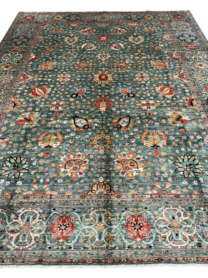 Teal, Aqua &amp; Rust Floral Wool Rug – 9.1’ x 12.3’